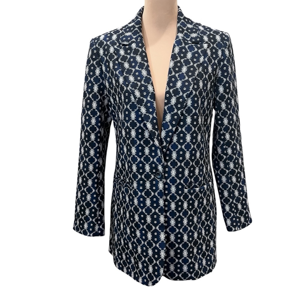 Liverpool Boyfriend Blazer Button Front Jacket Geometric Batik Blue White S NWT